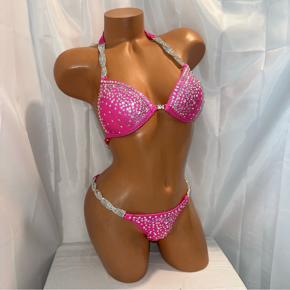 Npc competition bikini suit hot pink 34D cup small bottoms pro cut  NWT handmade